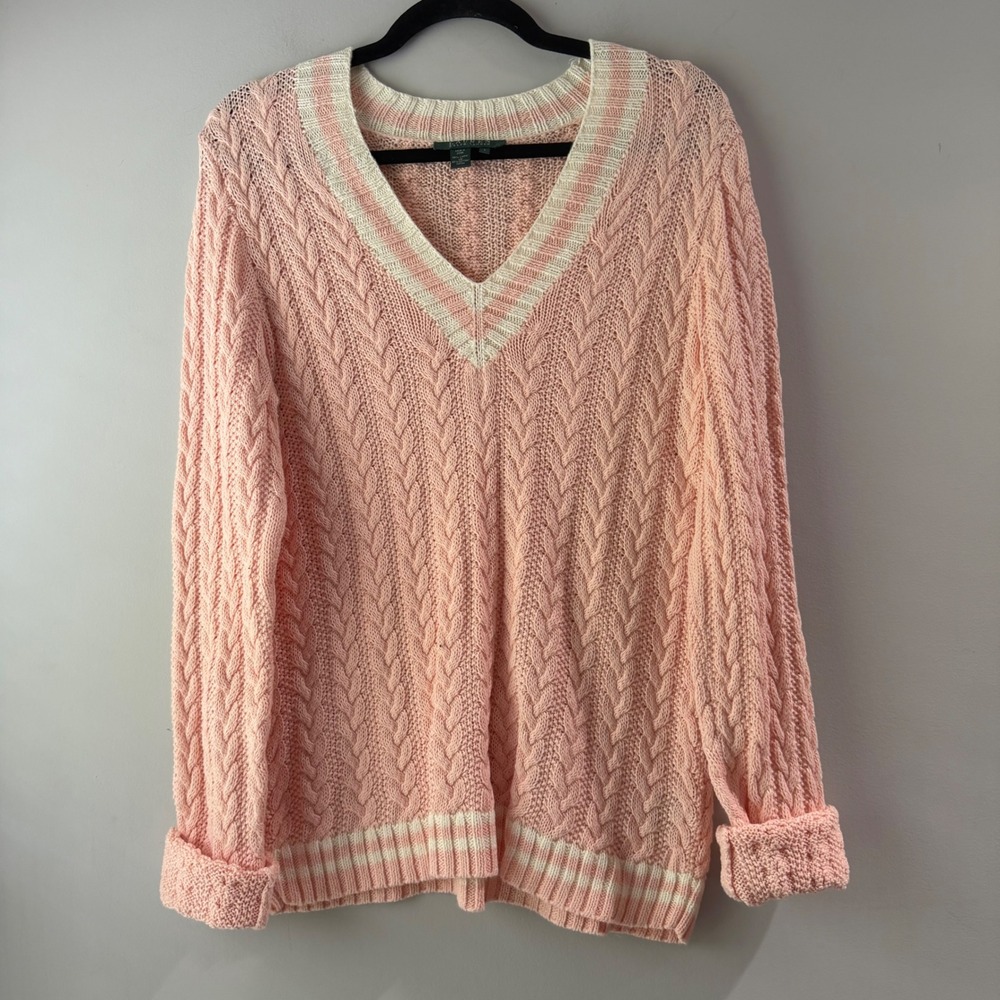 Lauren Ralph Lauren Sweater Collegiate Pink V-Neck Cable Knit Linen Cotton